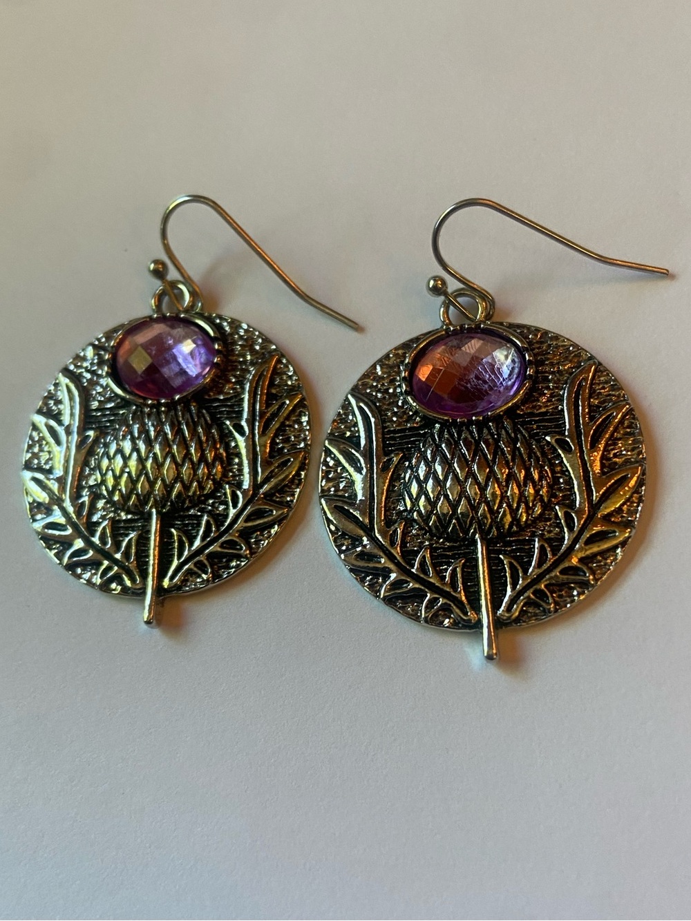 Silver-Tone Filigree Drop Earrings with Purple Gem Accents
